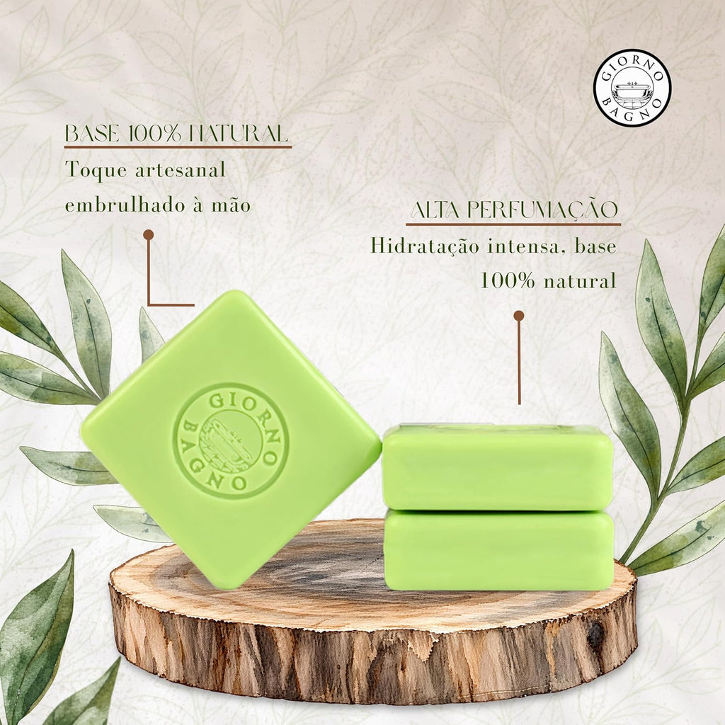 Set of three Giorno Bagno soap bars with verbena and sandalwood scent, each 100g, featuring natural soap packaging.