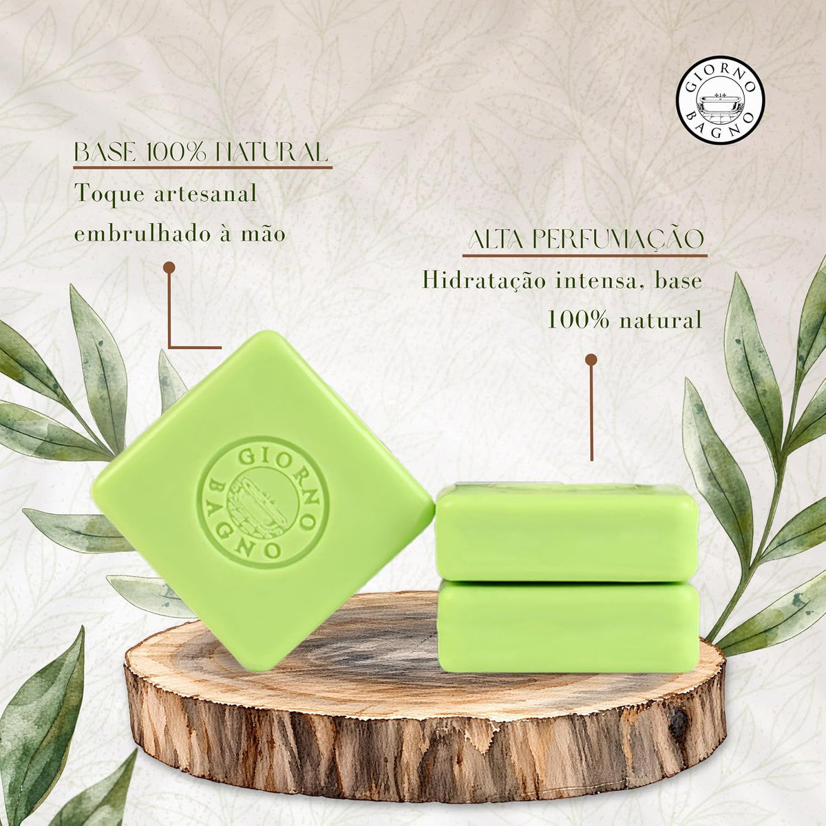 Set of three Giorno Bagno soap bars with verbena and sandalwood scent, each 100g, featuring natural soap packaging.