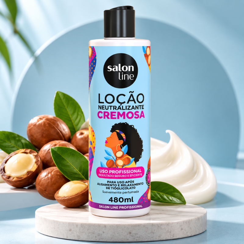 SALON LINE Creamy Neutralizing Lotion for hair care in a 480ml bottle, shown with its creamy texture and applicator.
