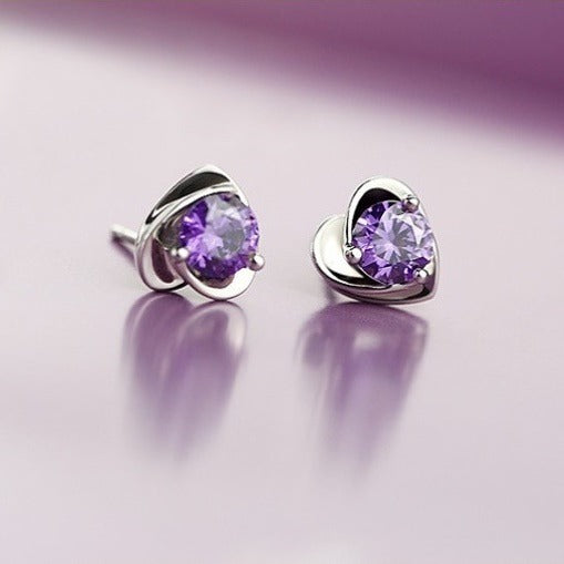 Women's Silver Plated Necklace with Amethyst Purple Stone + Silver Color Earrings