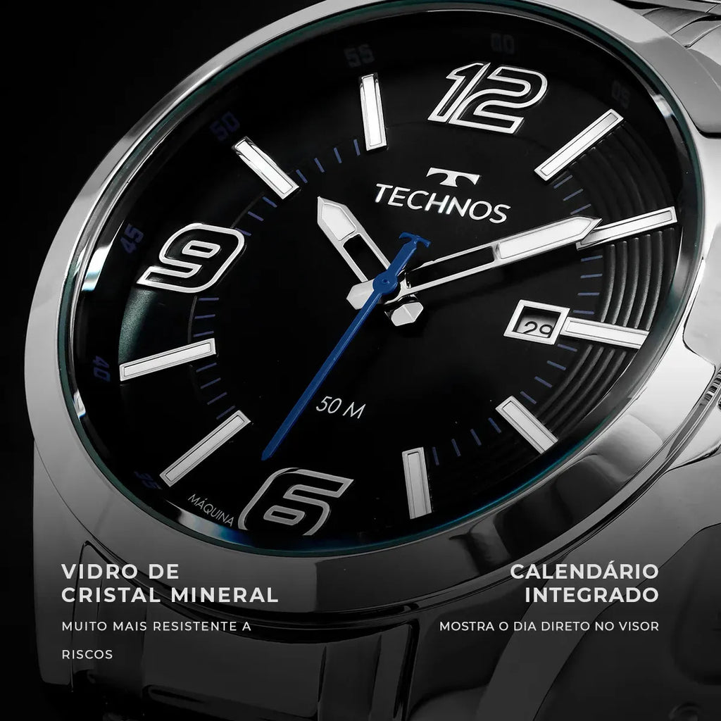 Relógio Masculino Technos Inoxidável Prateado Analógico Resistente Água