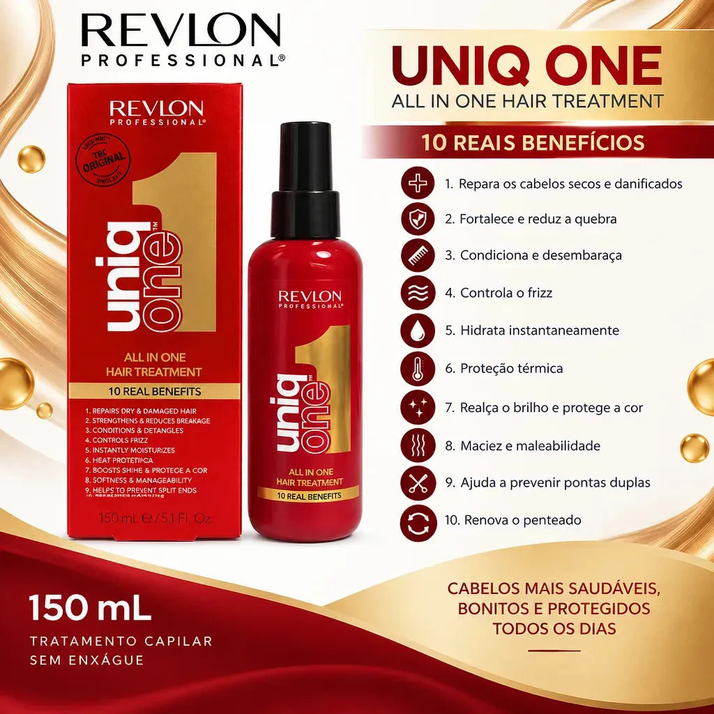Revlon Uniq One 10-in-1 Leave-In Hair Treatment 150ml bottle, complete product with packaging and branding visible.