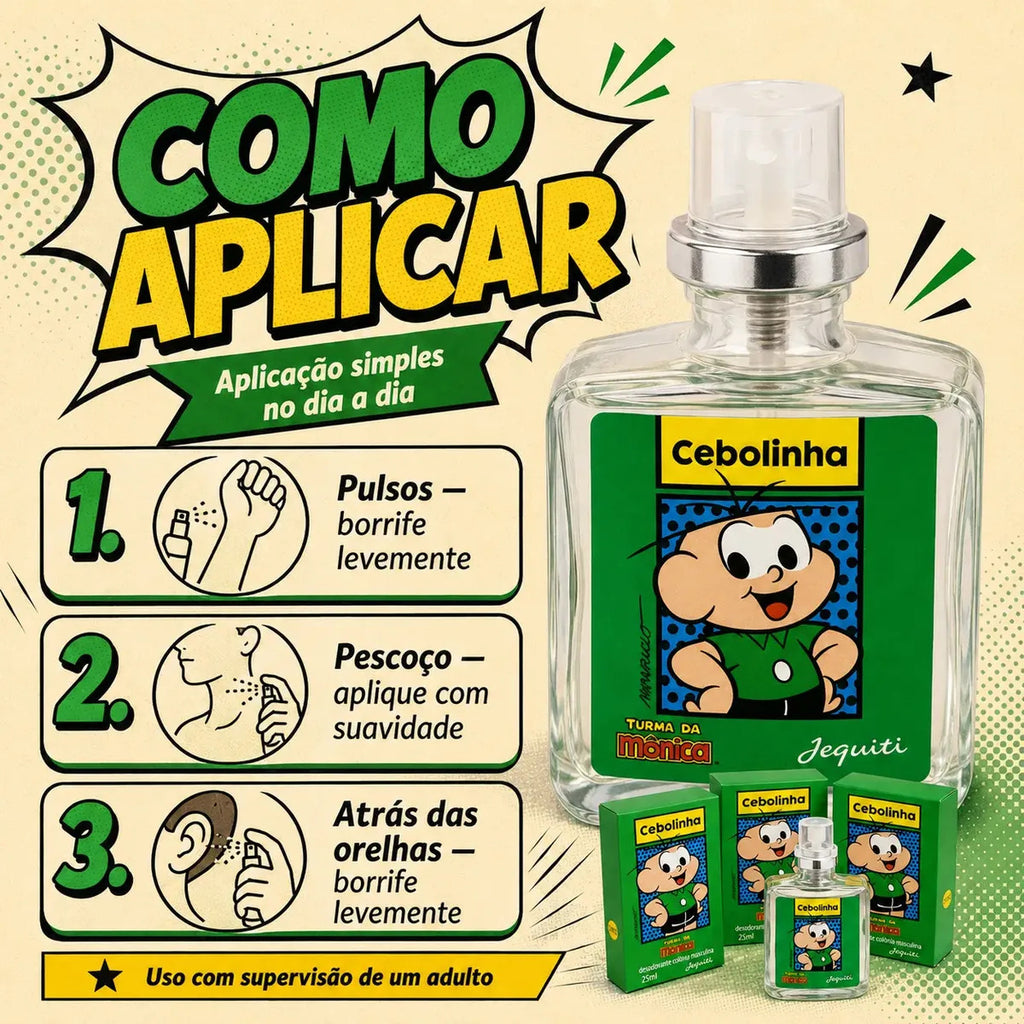 Jequiti Cebolinha Kids' Cologne Set with three 25ml bottles, featuring playful packaging for children's fragrance.