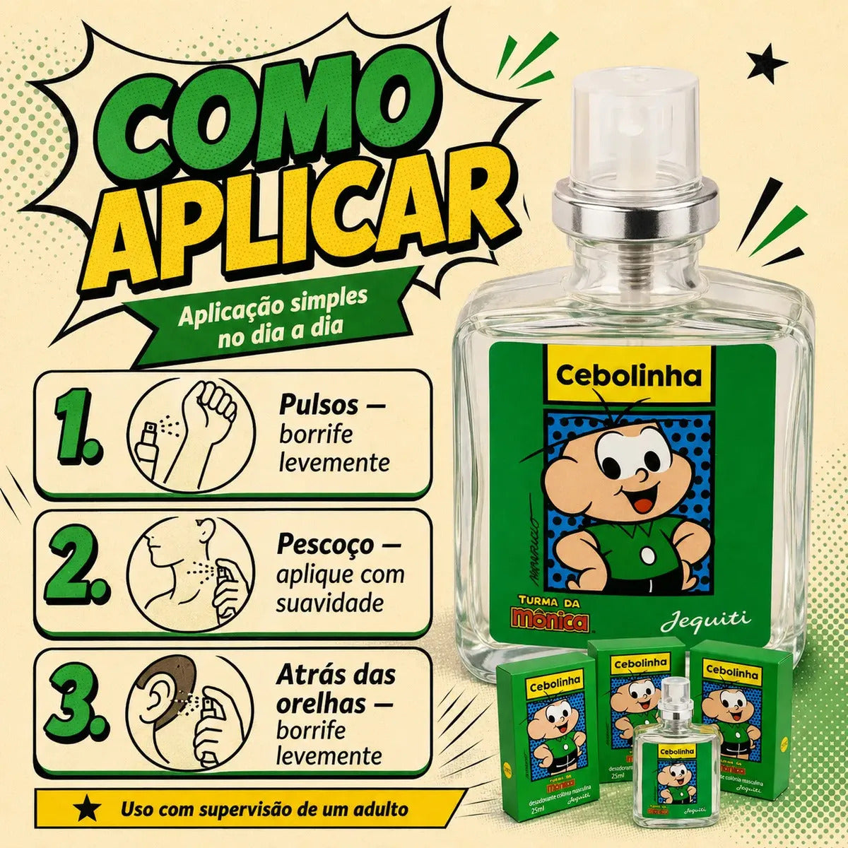 Jequiti Cebolinha Kids' Cologne Set with three 25ml bottles, featuring playful packaging for children's fragrance.