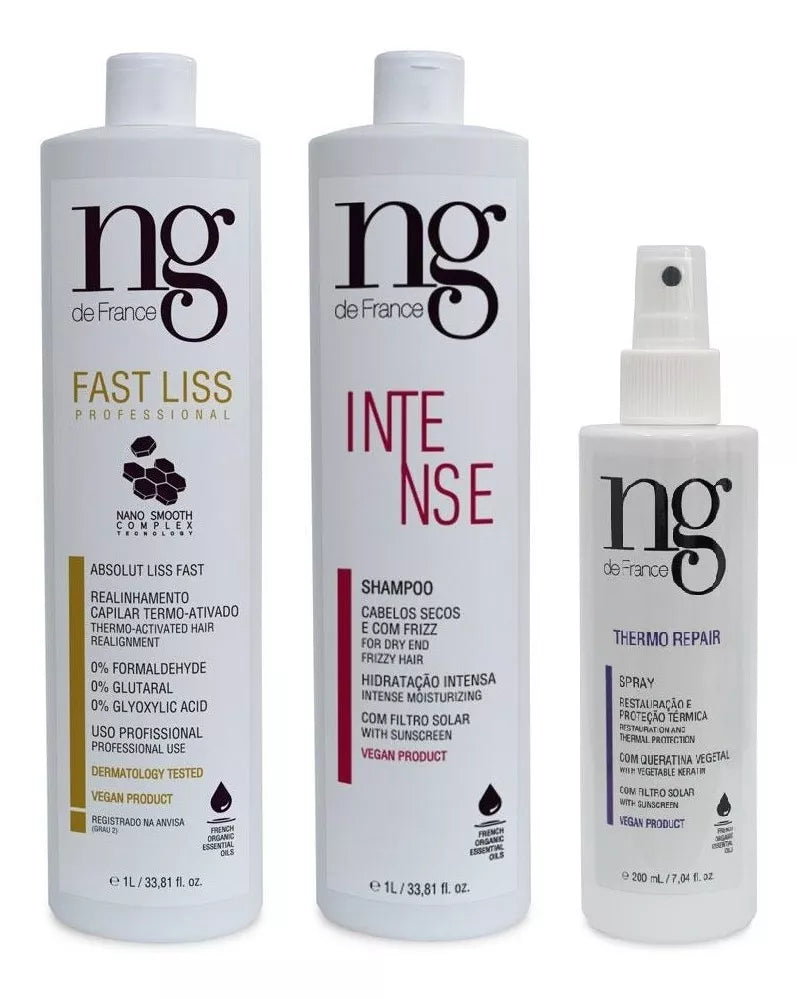 NG de France Fast Liss Vegan Realignment Kit: Fast Liss | Intense Shampoo 2X1000ml | Thermo Repair Spray