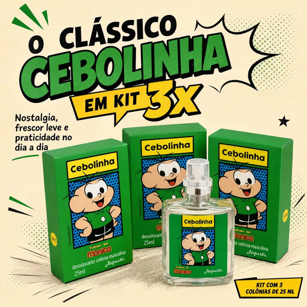 Jequiti Cebolinha Kids' Cologne set with three 25ml bottles, featuring playful packaging for children.