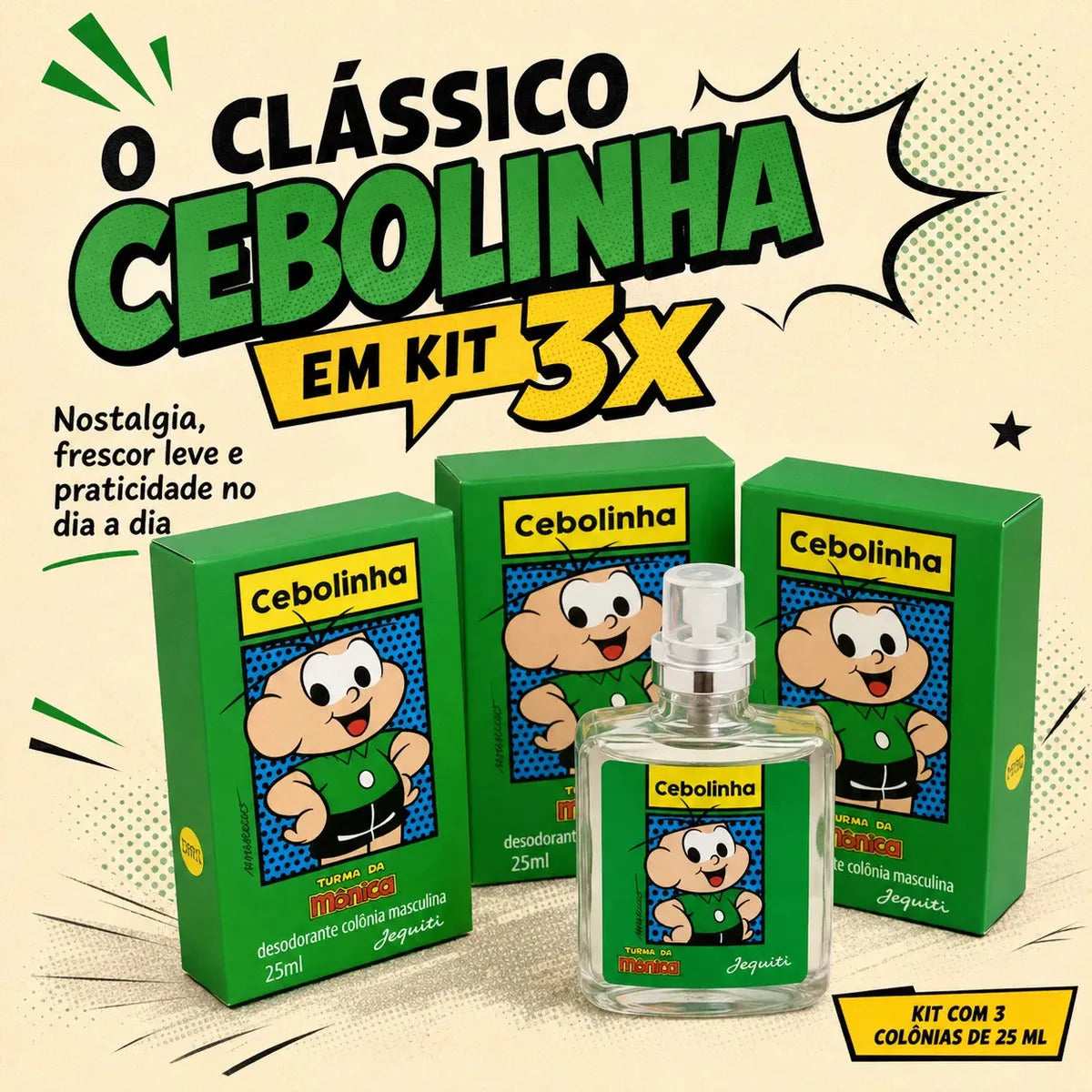 Jequiti Cebolinha Kids' Cologne set with three 25ml bottles, featuring playful packaging for children.