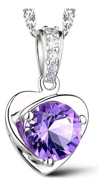 Women's Silver Plated Necklace with Amethyst Purple Stone + Silver Color Earrings