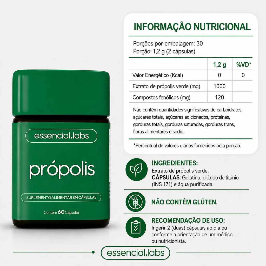 PRÓPOLIS VERDE com 1000mg por dose - Extrato com Máxima Absorção e Concentração - 60 Cápsulas
