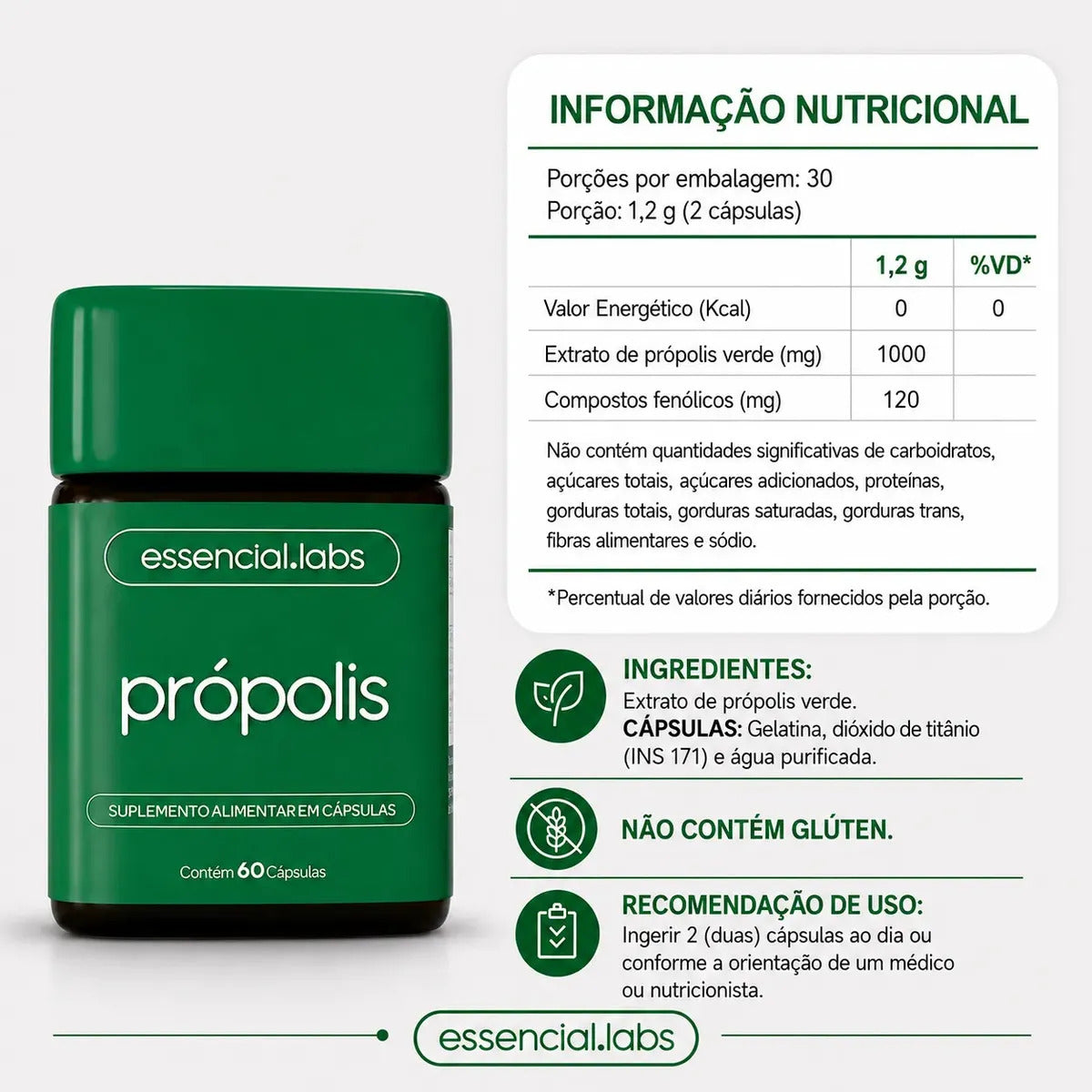 PRÓPOLIS VERDE com 1000mg por dose - Extrato com Máxima Absorção e Concentração - 60 Cápsulas