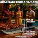 Kit Com Faca De Cozinha E Churrasco Artesanal Full Tang+ Bainha Couro Com Gravuras + Afiador Vermelho Abs Emborrachado Gourmet Premium Forjada A Mão Picanha Chef De Cozinha