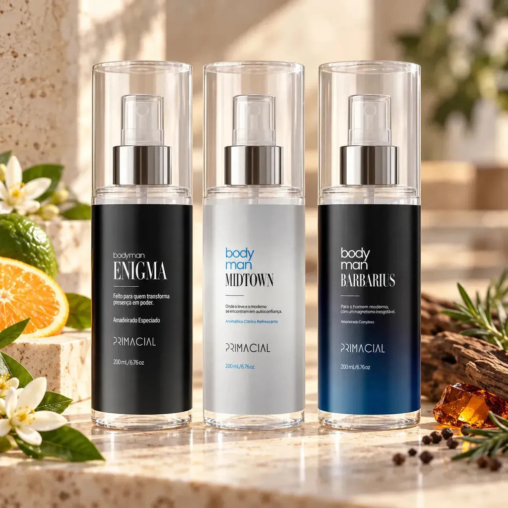 Men's body mist set by PRIMACIAL featuring three 200ml bottles: Barbarius, Enigma, and Midtown, displayed together.
