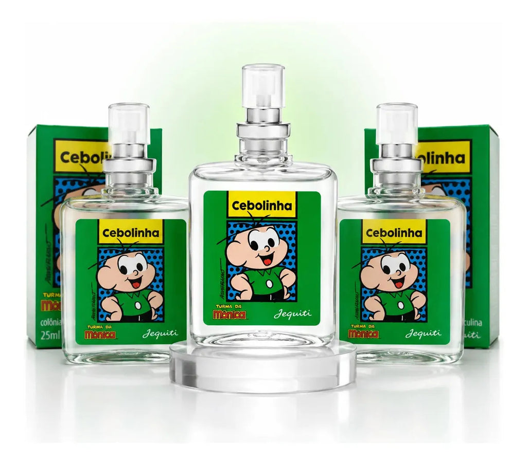 Jequiti Cebolinha Kids' Cologne Set with three 25ml bottles, featuring colorful packaging and playful design for children.