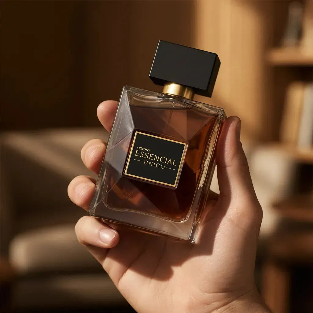 Natura Essencial Masculino perfume bottle, 90ml, with sleek design, showcasing the BuyBrazil brand and elegant fragrance.
