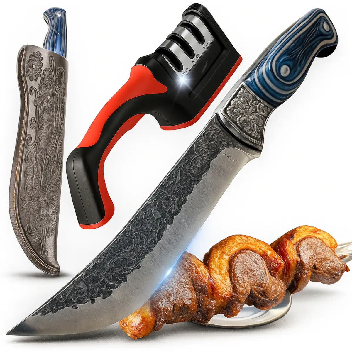 Kit Com Faca De Cozinha E Churrasco Artesanal Full Tang+ Bainha Couro Com Gravuras + Afiador Vermelho Abs Emborrachado Gourmet Premium Forjada A Mão Picanha Chef De Cozinha