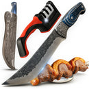 Kit Com Faca De Cozinha E Churrasco Artesanal Full Tang+ Bainha Couro Com Gravuras + Afiador Vermelho Abs Emborrachado Gourmet Premium Forjada A Mão Picanha Chef De Cozinha