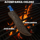 Kit Com Faca De Cozinha E Churrasco Artesanal Full Tang+ Bainha Couro Com Gravuras + Afiador Vermelho Abs Emborrachado Gourmet Premium Forjada A Mão Picanha Chef De Cozinha