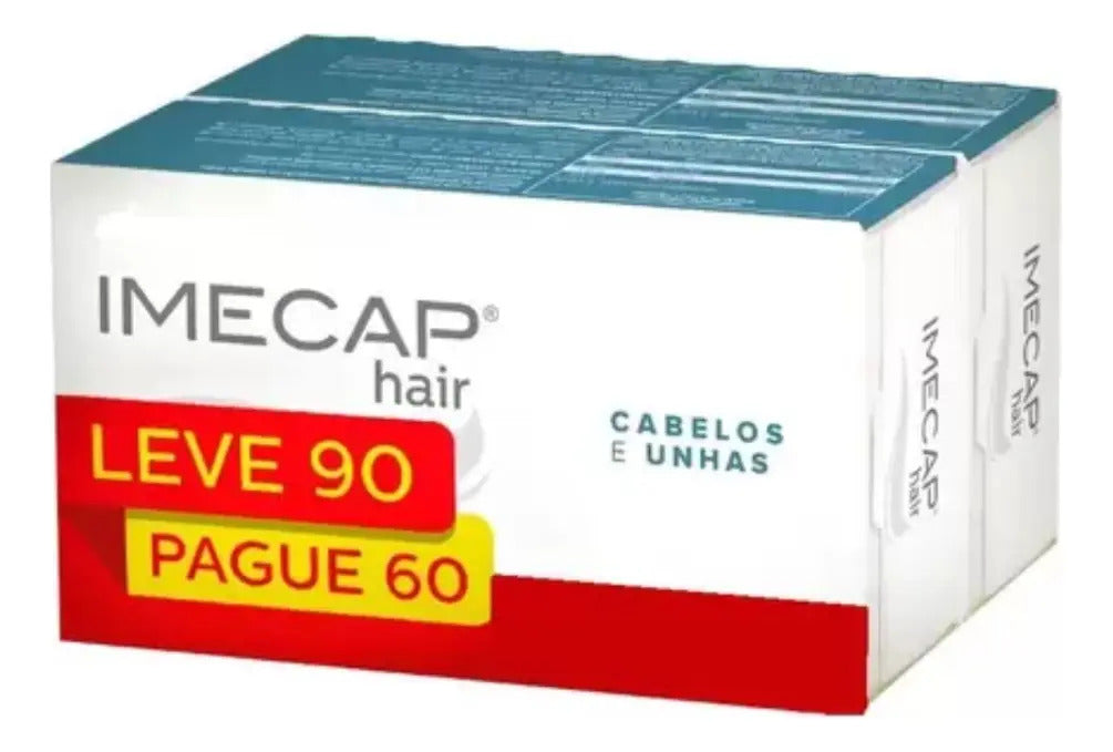 BuyBrazil Imecap Hair capsules for hair and nails, showing the 90 capsules bottle with product label and packaging.