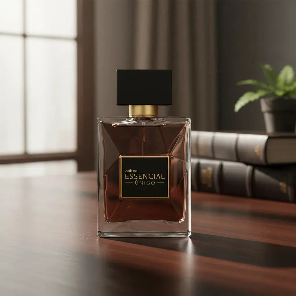 Natura Essencial Único masculine perfume spray 90ml, featuring sleek bottle design and elegant packaging.