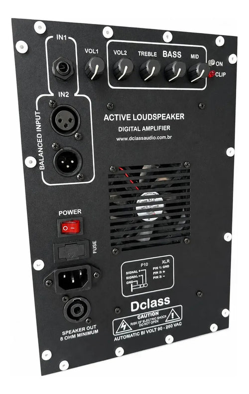 Black multiview amplifier panel from BuyBrazil with 700W RMS output, featuring power activation controls and display meters.