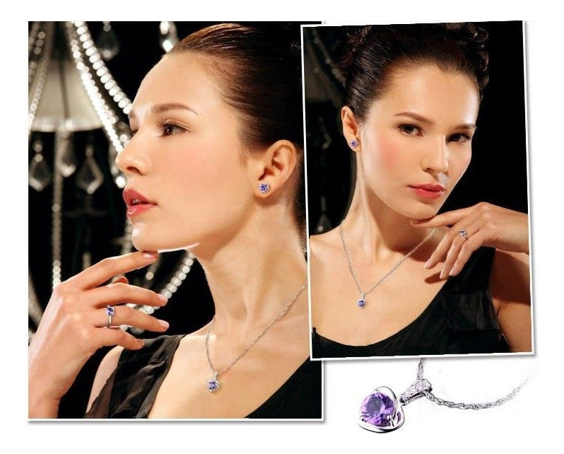 Women's Silver Plated Necklace with Amethyst Purple Stone + Silver Color Earrings