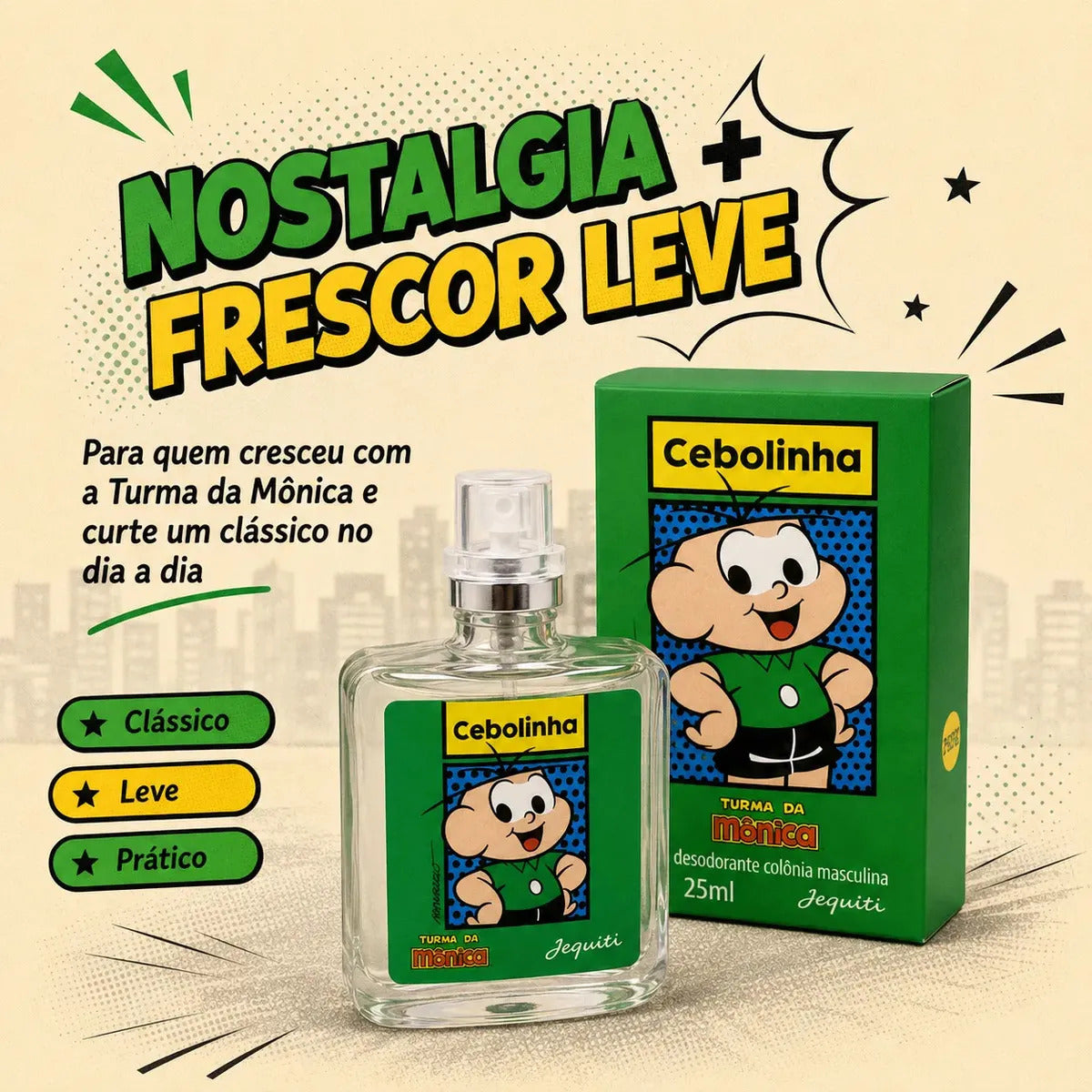Jequiti Cebolinha Kids' Cologne Set with three 25ml bottles, featuring playful packaging and vibrant colors for children.