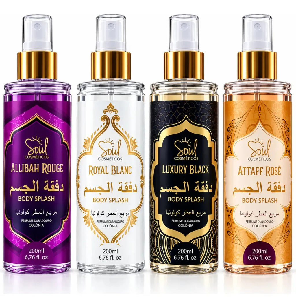 Arabian-inspired unisex body mist set with four 200ml bottles, featuring exotic scents and elegant packaging.