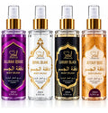 Arabian-inspired unisex body mist set with four 200ml bottles, featuring exotic scents and elegant packaging.