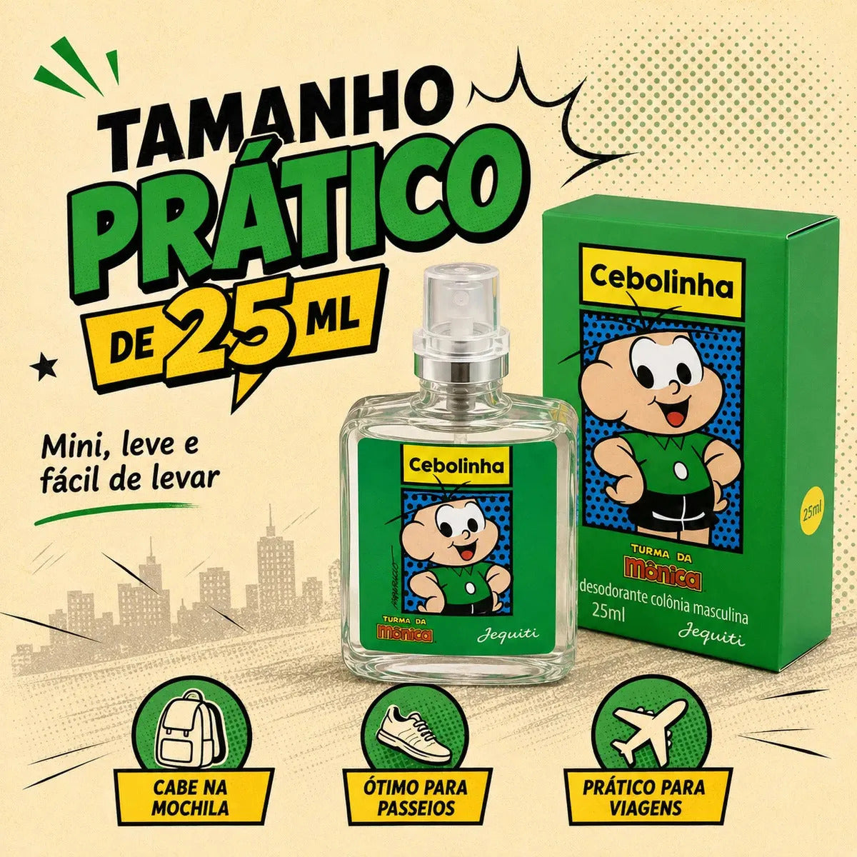 Jequiti Cebolinha Kids' Cologne Set with three 25ml bottles, featuring playful packaging for children.