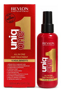 Revlon Uniq One 10-in-1 leave-in hair treatment bottle, 150ml, with pump dispenser and full packaging, for healthy, shiny hair.