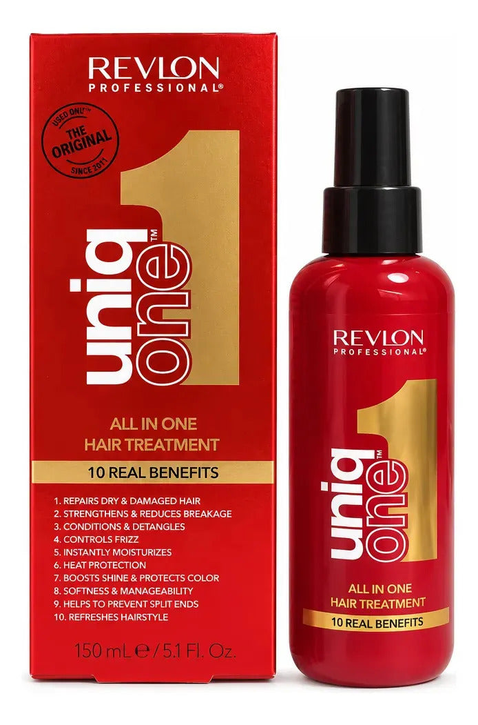 Revlon Uniq One 10-in-1 leave-in hair treatment bottle, 150ml, with pump dispenser and full packaging, for healthy, shiny hair.
