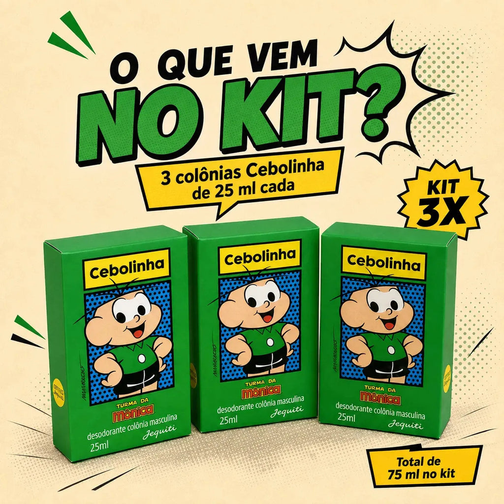 Jequiti Cebolinha Kids' Cologne Set with three 25ml bottles, featuring playful packaging for children's fragrance.
