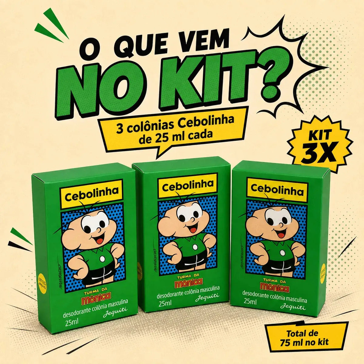 Jequiti Cebolinha Kids' Cologne Set with three 25ml bottles, featuring playful packaging for children's fragrance.