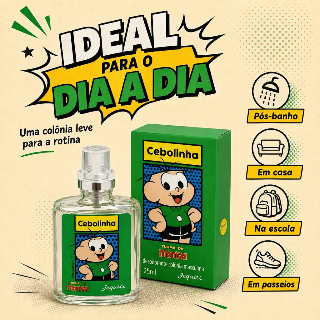 Jequiti Cebolinha Kids' Cologne Set with three 25ml bottles, featuring playful packaging for children's fragrance.