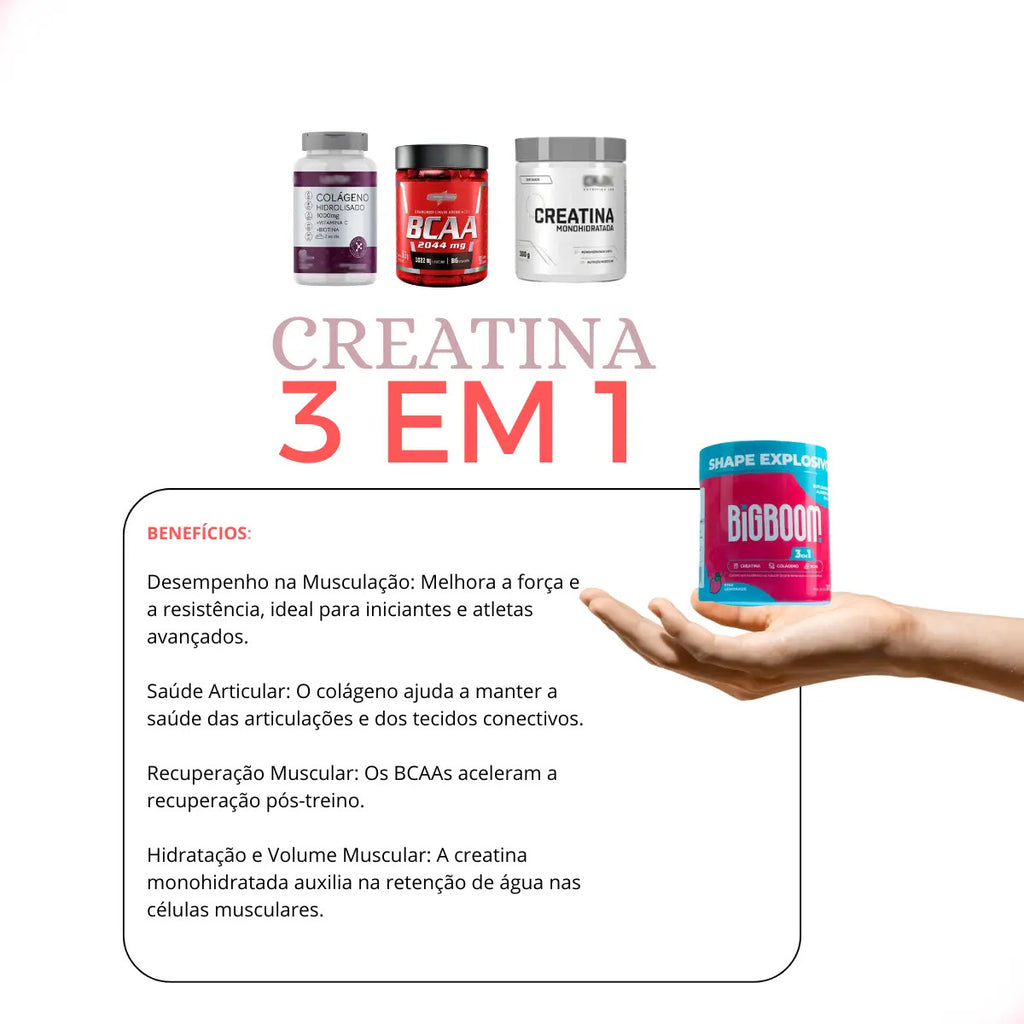 Creatina Monohidratada Big Boom 3 em 1 com BCAA e Colágeno Sabor Morango