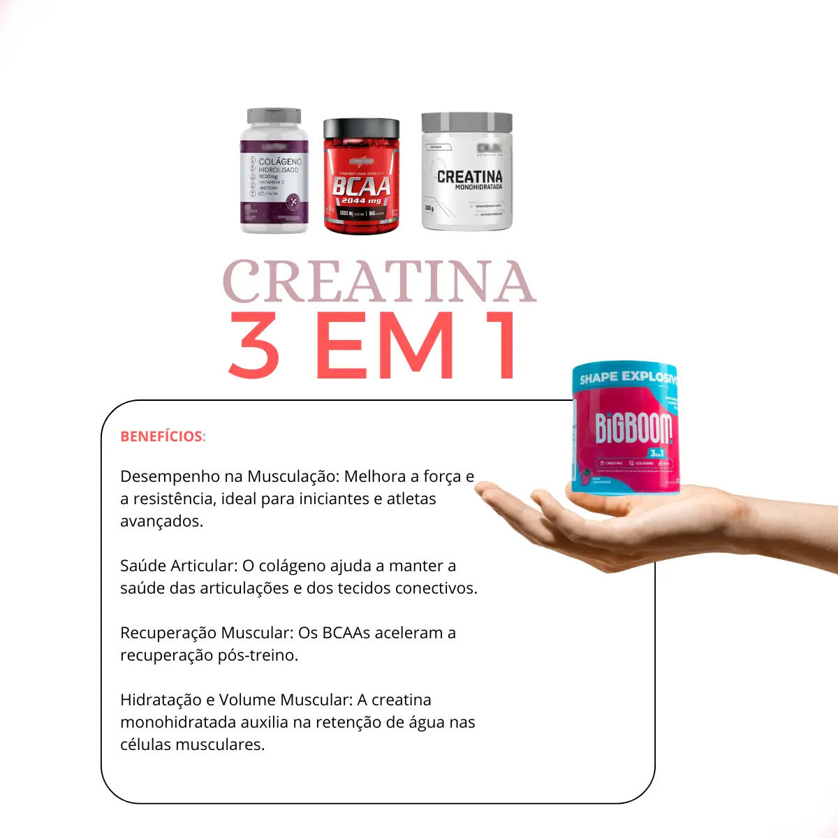 Creatina Monohidratada Big Boom 3 em 1 com BCAA e Colágeno Sabor Morango