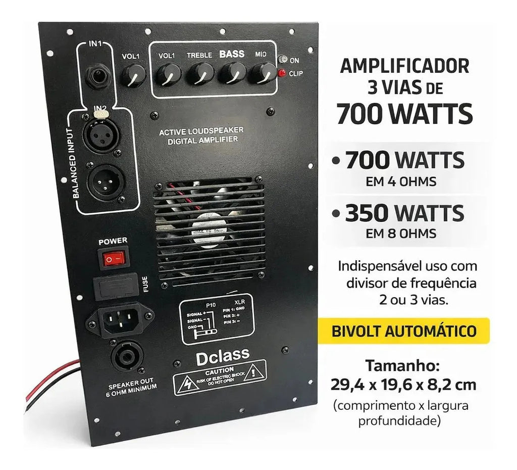 Painel Amplificador Ativador Multivias 700 Watts Rms Cor Preta Potência de saída RMS 700 W