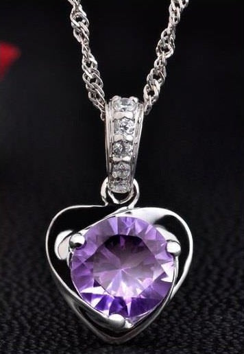 Women's Silver Plated Necklace with Amethyst Purple Stone + Silver Color Earrings