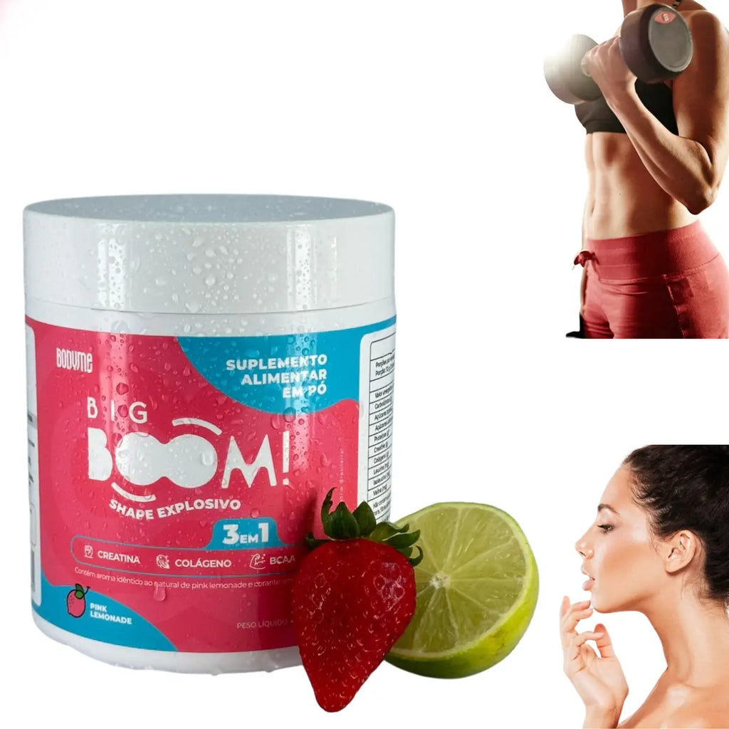Creatina Monohidratada Big Boom 3 em 1 com BCAA e Colágeno Sabor Morango