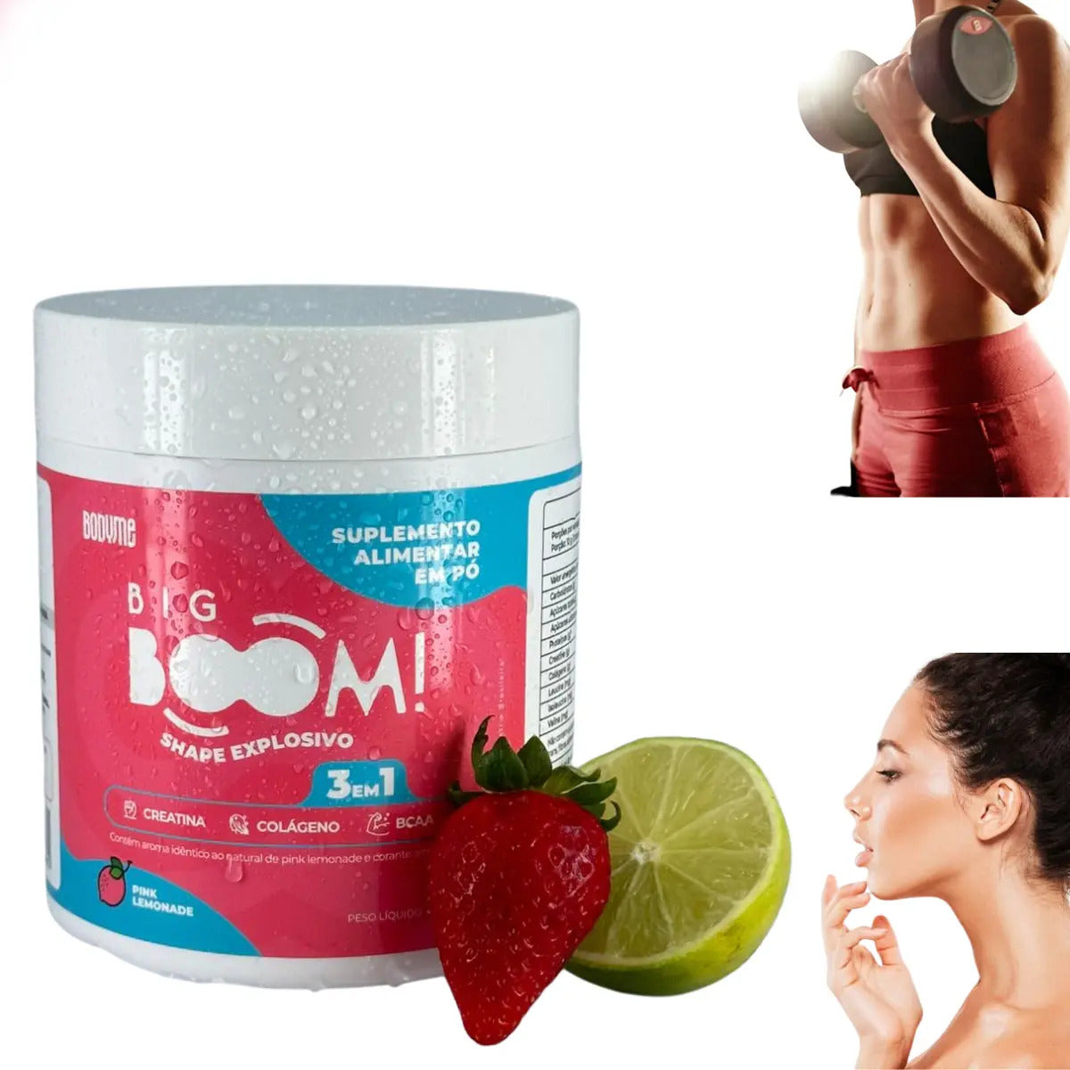 Creatina Monohidratada Big Boom 3 em 1 com BCAA e Colágeno Sabor Morango
