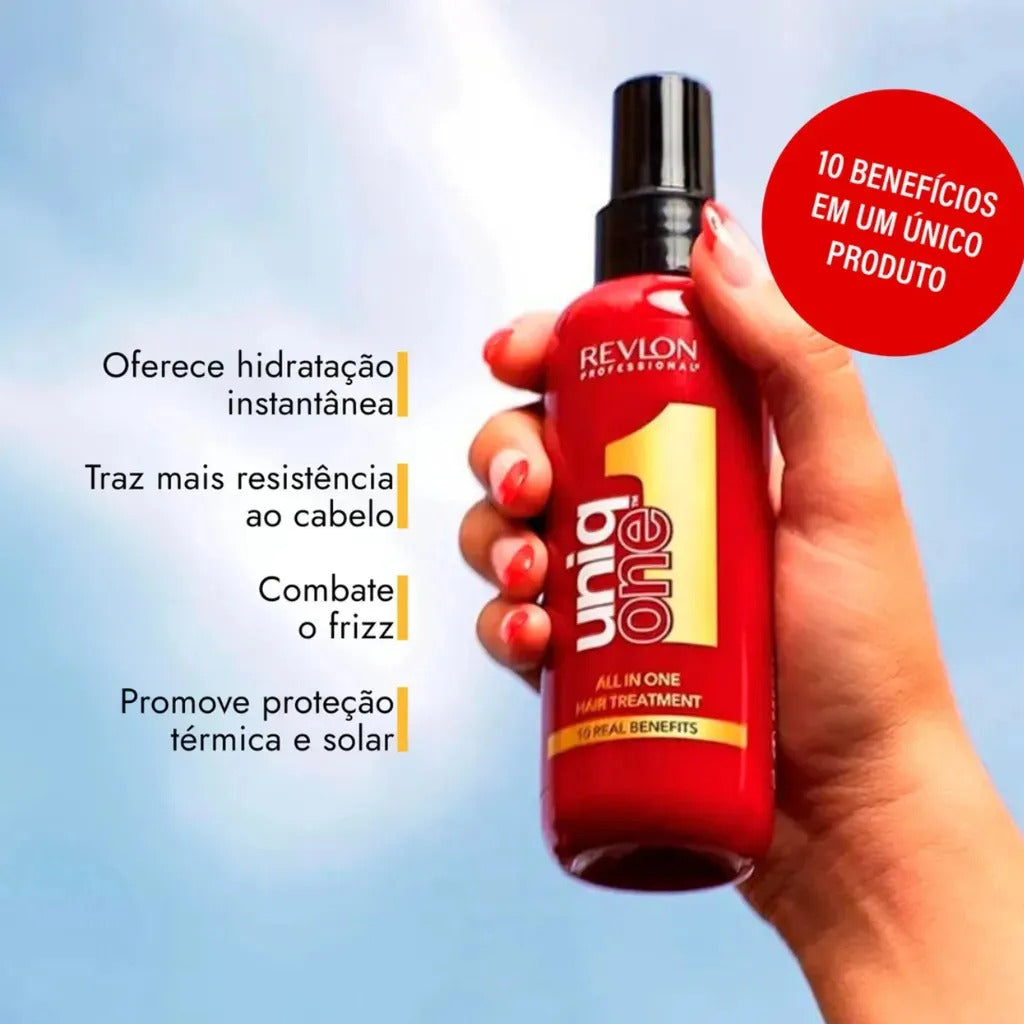 Revlon Uniq One 10-in-1 hair treatment spray in a 150ml bottle, complete, with a clear pump dispenser and colorful packaging.