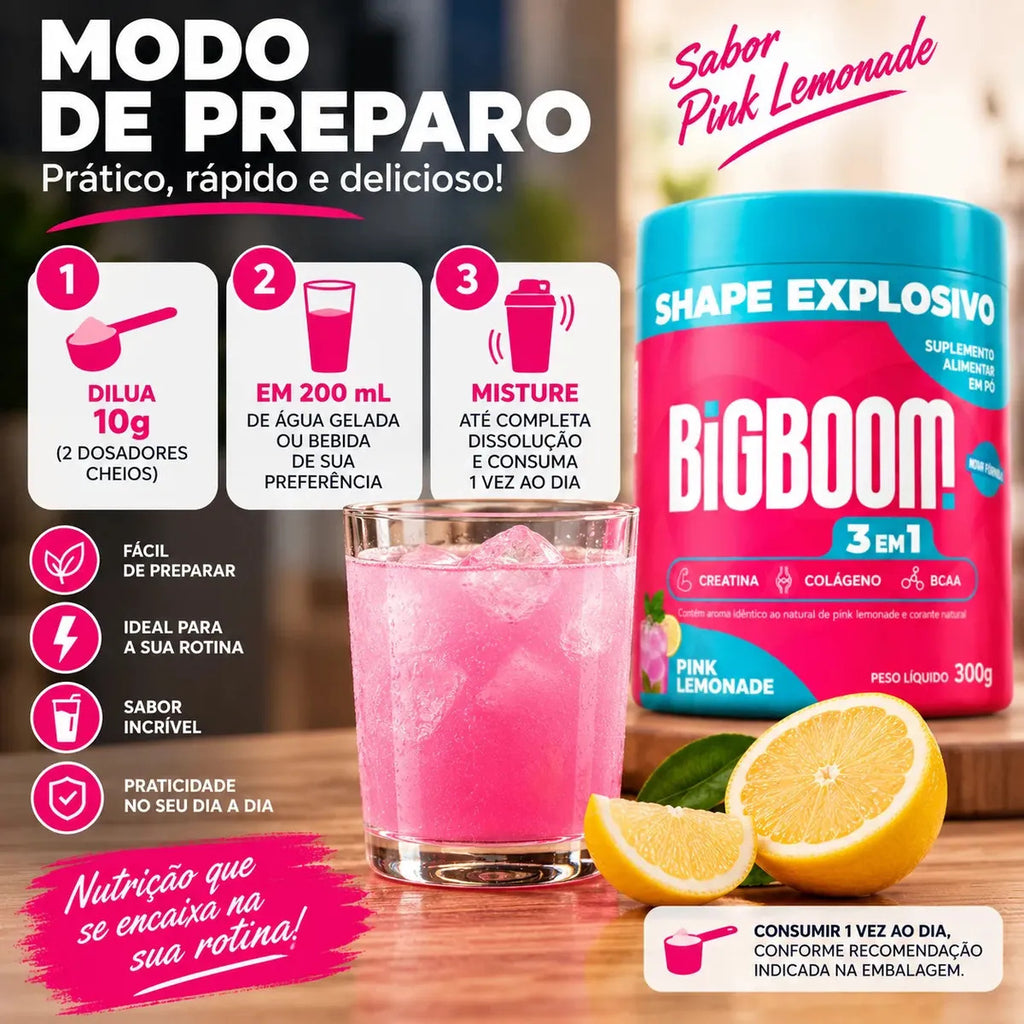 Creatina Big Boom 3 Em 1 Colágeno BCAA 300g Pink Lemonade