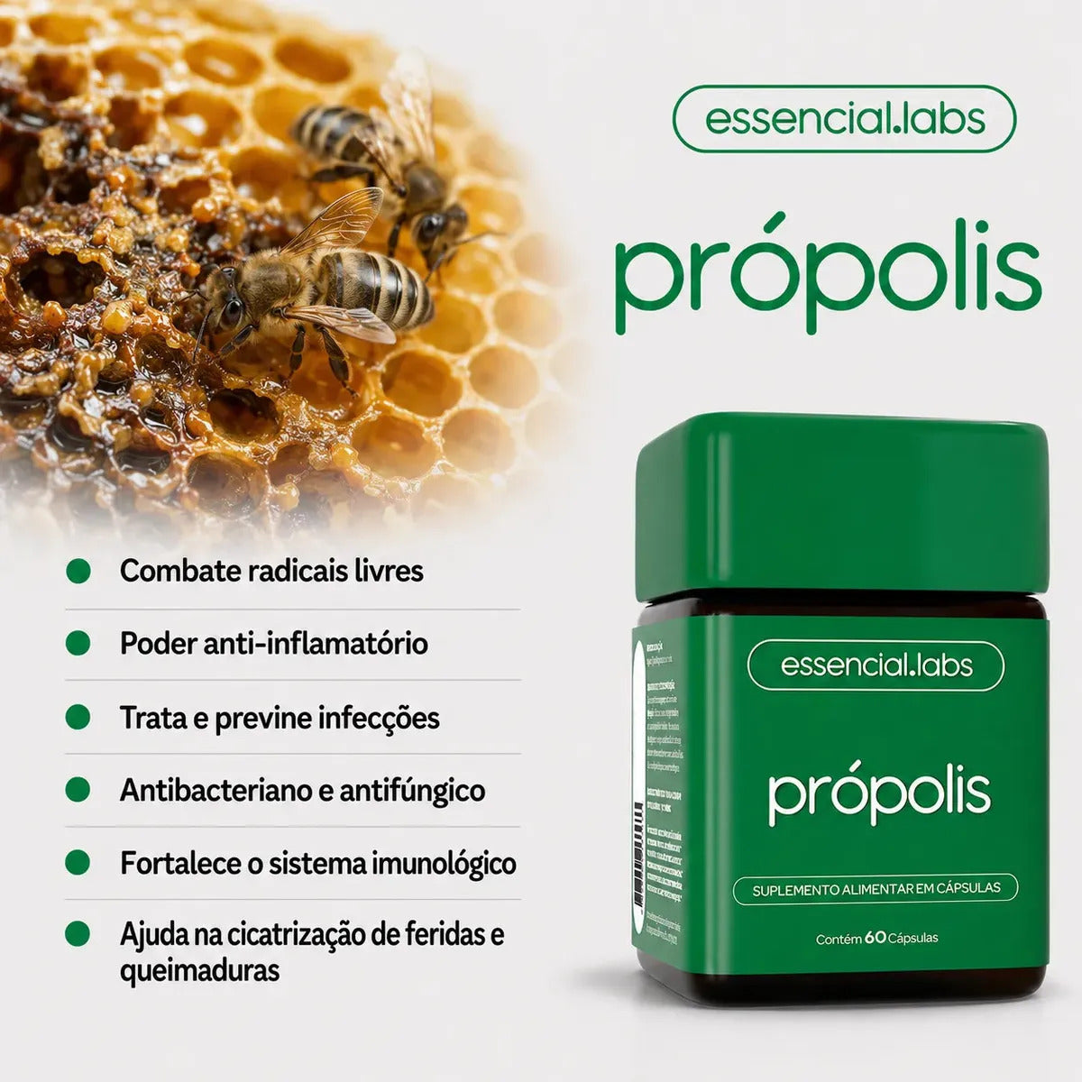 PRÓPOLIS VERDE com 1000mg por dose - Extrato com Máxima Absorção e Concentração - 60 Cápsulas