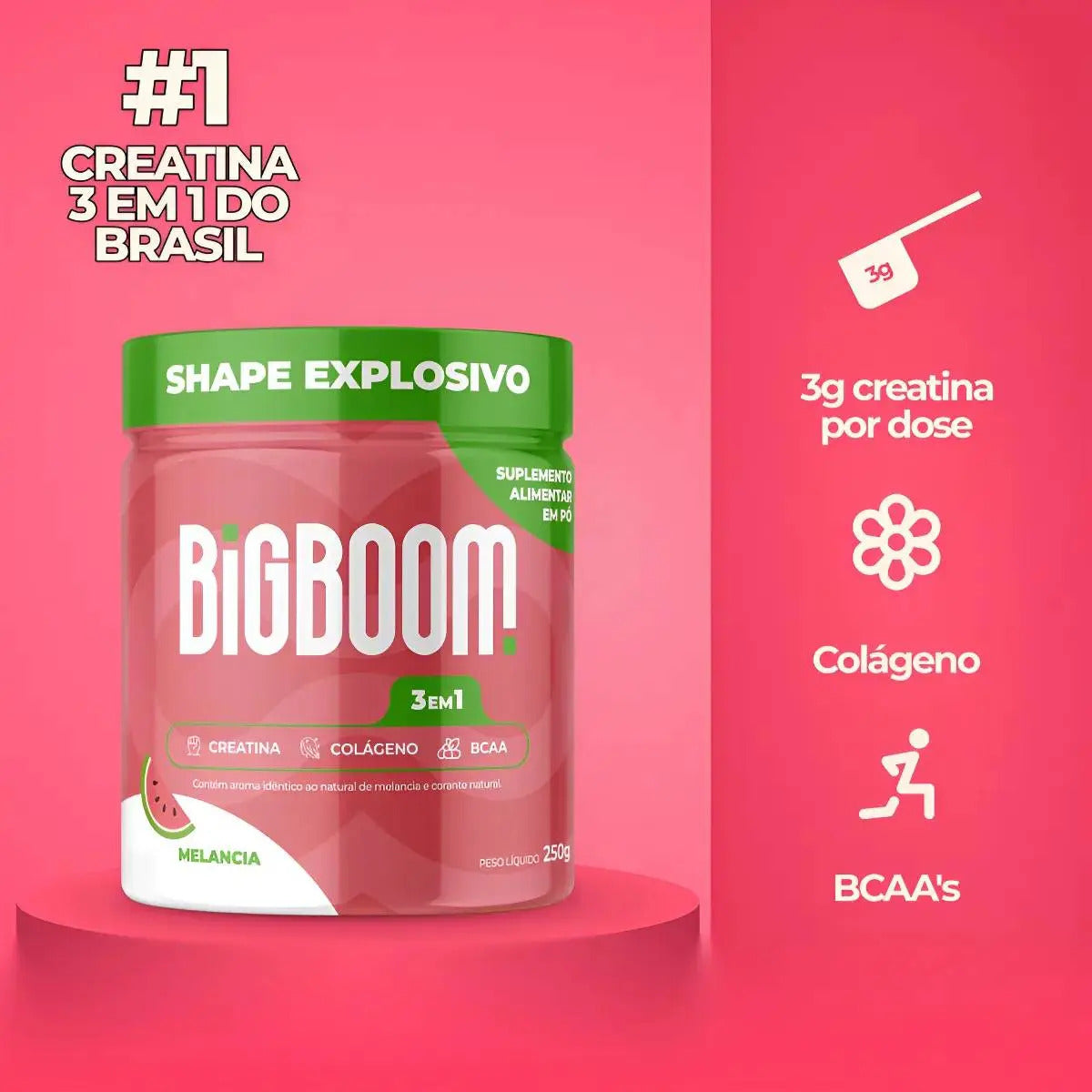 Creatina Monohidratada Big Boom Com Colágeno BCAA Sabor Melancia 300g