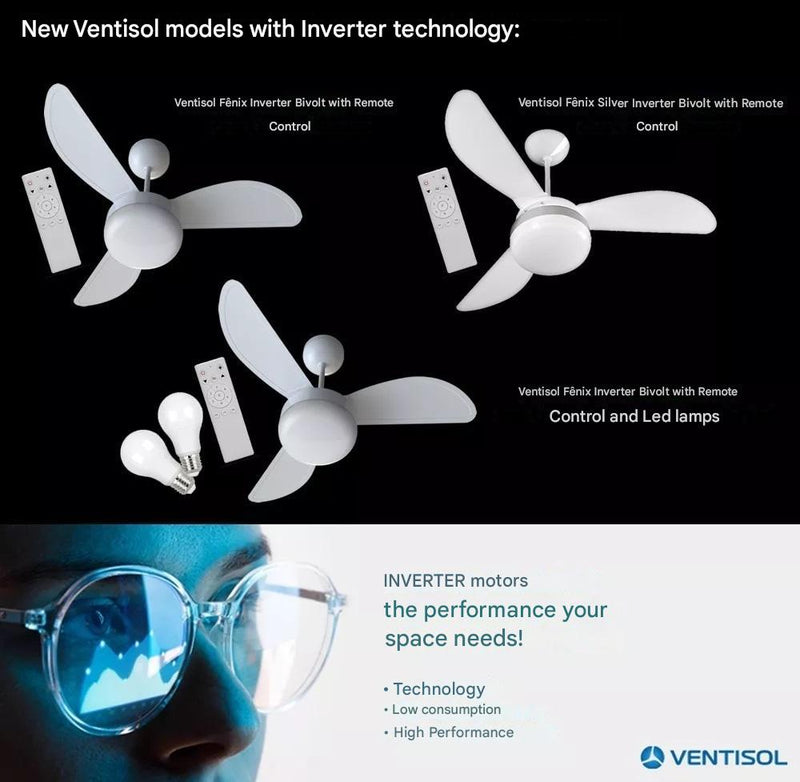 Ventisol Fenix Inverter Ceiling Fan Remote Control with 3 Plastic Blades, 960 mm Diameter Bivolt