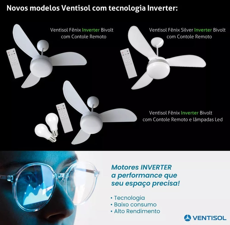 Ventisol Fenix Inverter Ceiling Fan Remote Control with 3 Plastic Blades, 960 mm Diameter Bivolt