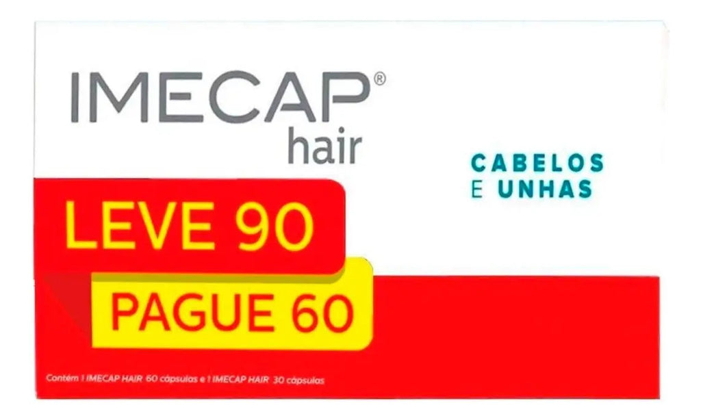 BuyBrazil Imecap Hair capsules for hair and nails, featuring a white bottle with 90 capsules visible in the image.