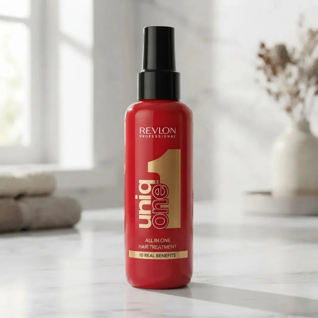 Revlon Uniq One 10-in-1 Leave-In Hair Treatment bottle, 150ml, with colorful packaging and product details visible.