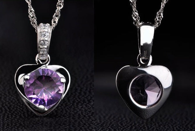 Women's Silver Plated Necklace with Amethyst Purple Stone + Silver Color Earrings