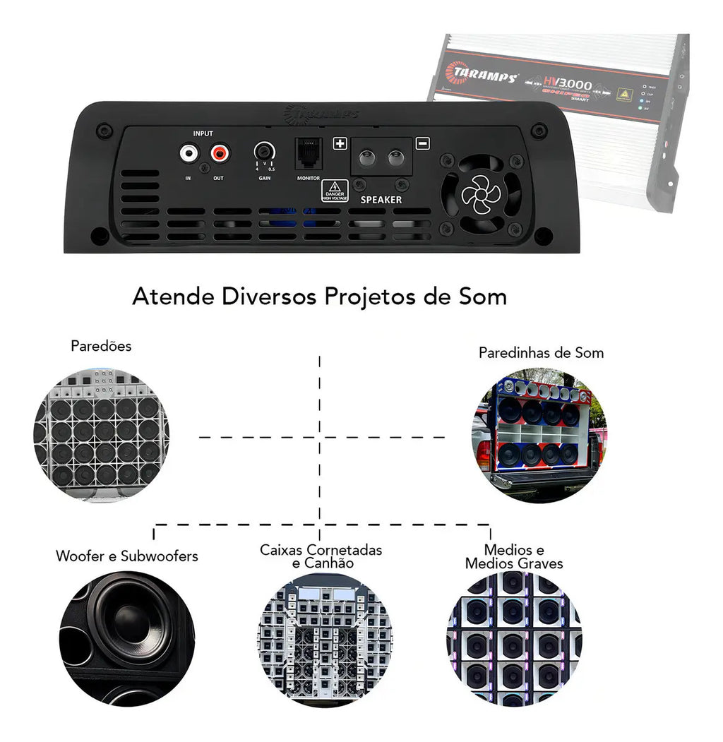 Módulo Taramps HV 3000 Chipeo Smart 3000W RMS para Som Automotivo de 1 Canal